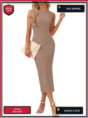 Women Knit Ribbed Sleeveless Midi Bodycon Dress with Side Split Stretchy